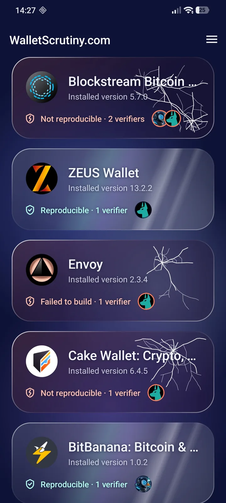 Your wallets: the installed wallets with their verdicts, such as Reproducible or Not reproducible, and the number of verifiers
