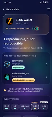 Wallet details for ZEUS Wallet: who tested this version and with which result, and the verdicts of every version